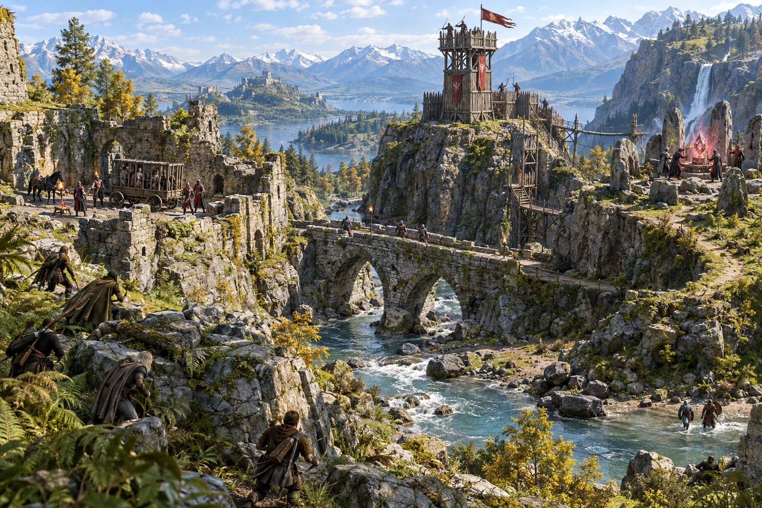 Fantasy battlefield illustration of routes, elevated positions and objectives around a ruined river crossing