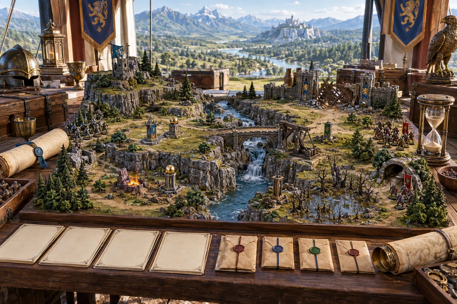 Illustration of a prepared tabletop battlefield with distinct zones, objectives and session notes